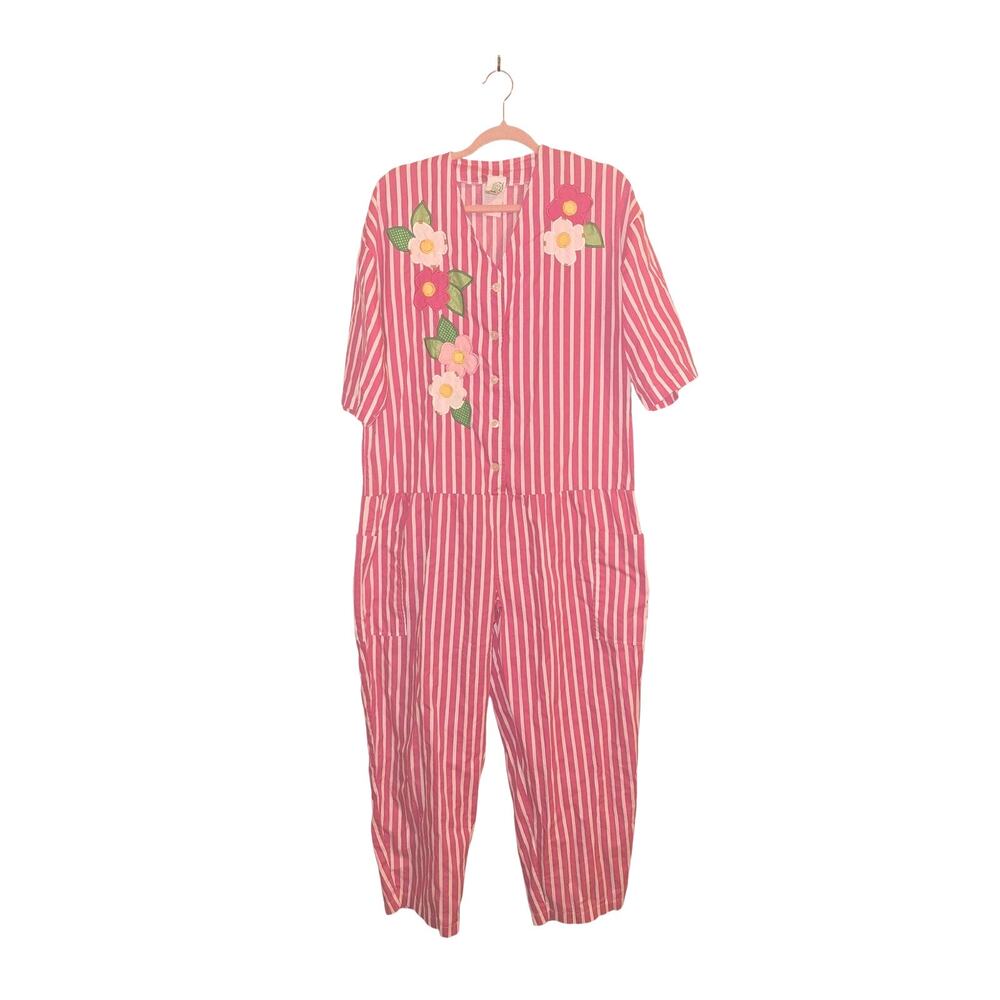 Vintage The Frog Pond Pink and White Stripe Jumpsuit Floral Cottagecore‎ Garden
